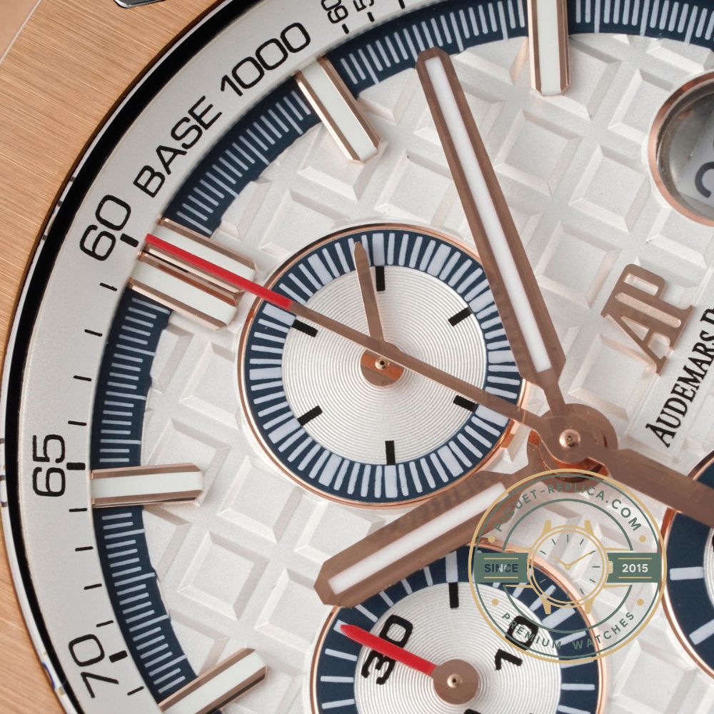 Audemars Piguet high quality replica 26408OR with sapphire crystal, white dial and rose gold-toned details