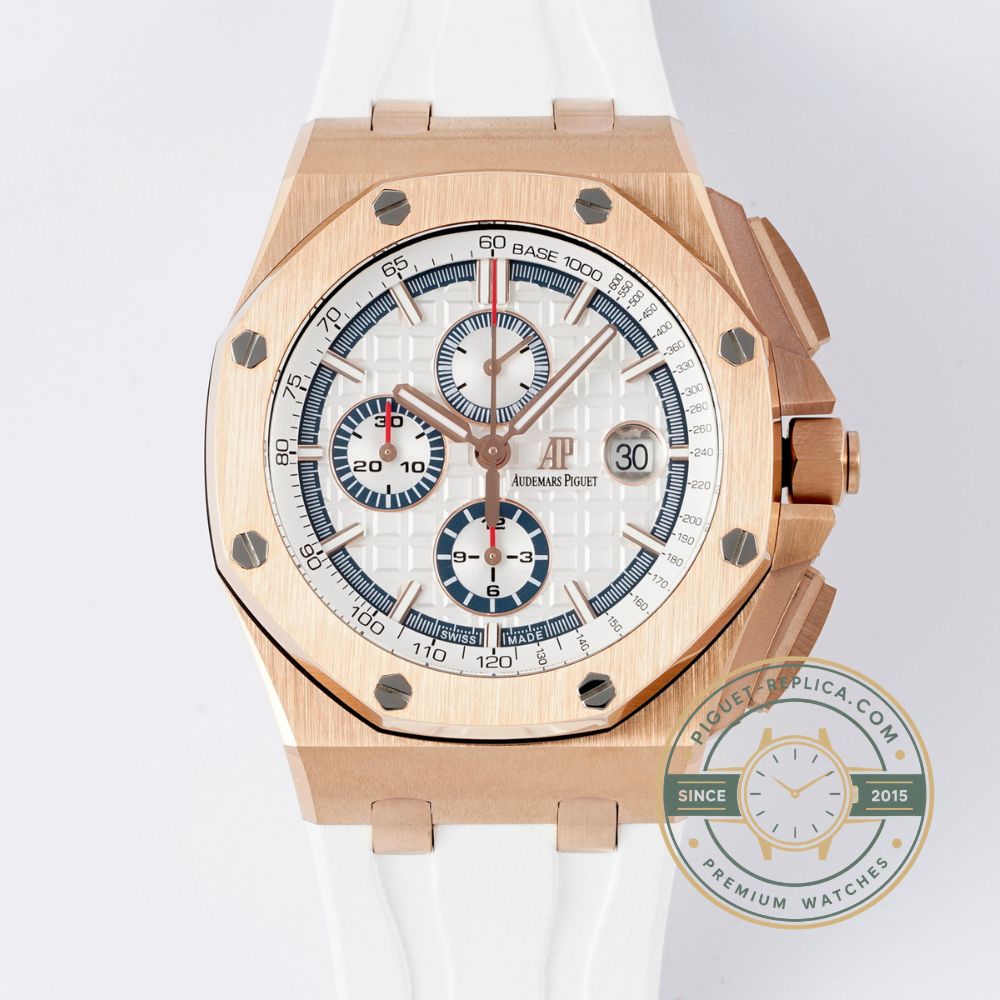 Audemars Piguet Royal Oak Offshore replica 26408OR featuring a 44mm rose gold case and white rubber strap