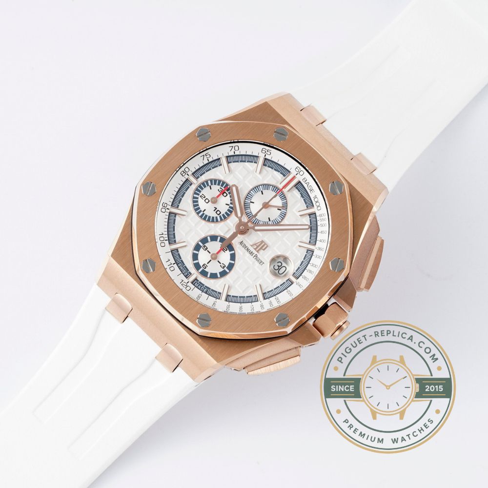 Replica Audemars Piguet Royal Oak Offshore 26408OR with a 44mm rose gold case and white rubber strap