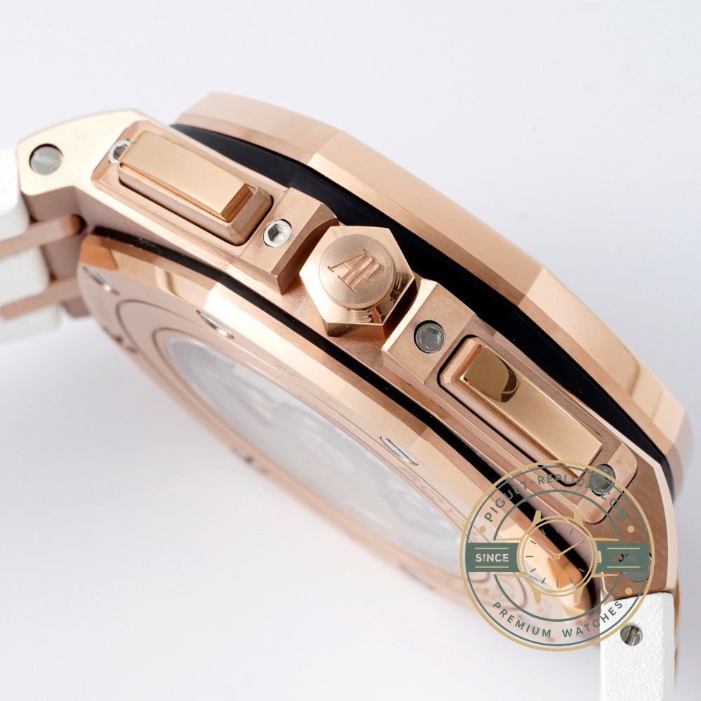 Replica AP Royal Oak Offshore with a white dial, rose gold case and white rubber strap