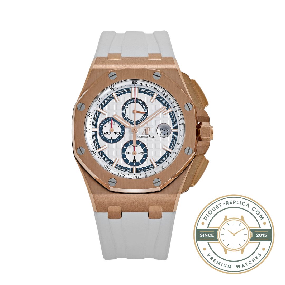 AP Royal Oak super clone style watch with a 44mm rose gold case, white dial and white rubber strap