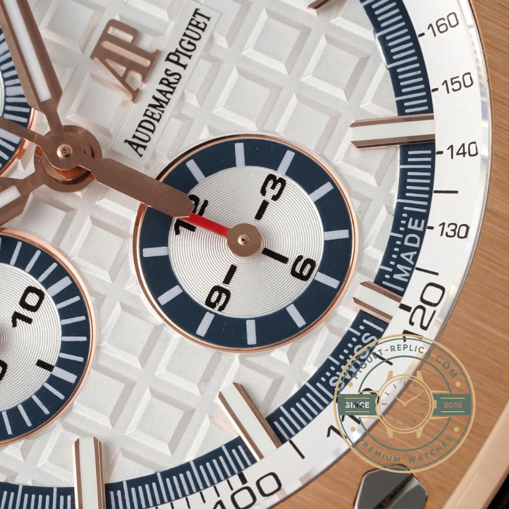 AP Royal Oak Offshore replica with a white chronograph dial and warm rose gold accents