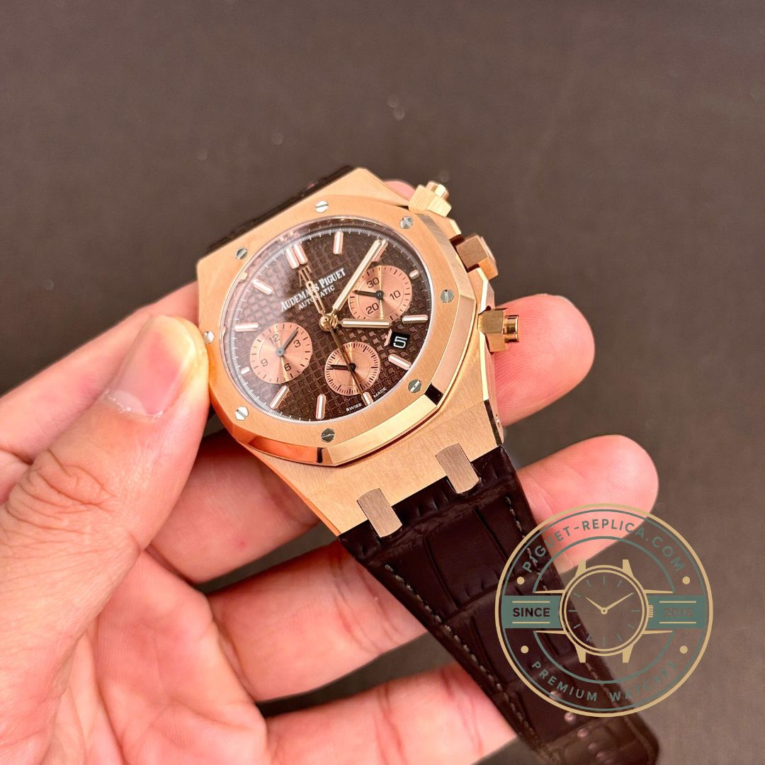 Royal Oak 26331OR rose gold leather strap replica watch with chronograph function