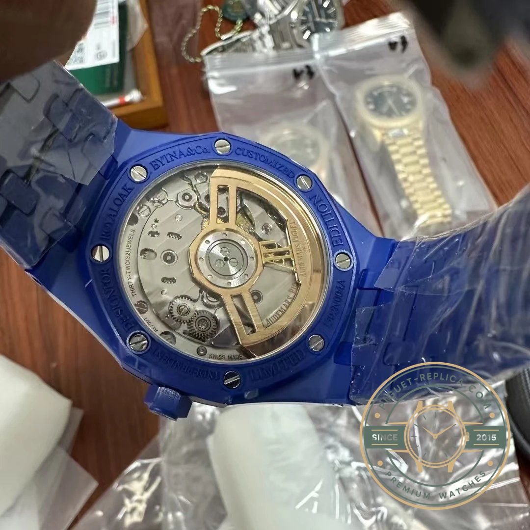 Audemars Piguet Royal Oak 15500 blue dial replica with octagonal bezel and exposed screws