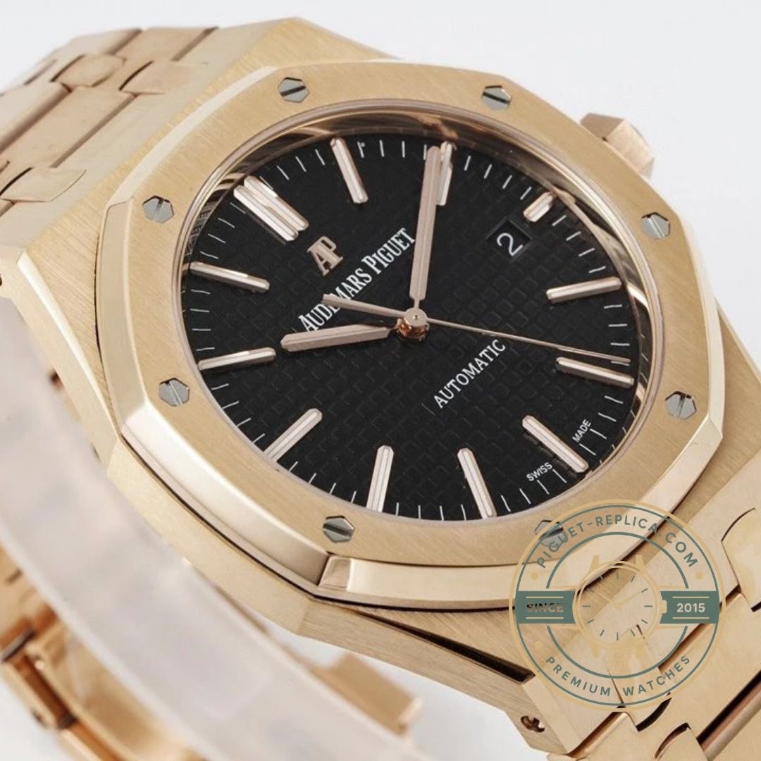 Audemars Piguet Royal Oak 15400OR replica watch with rose gold case and black dial front view