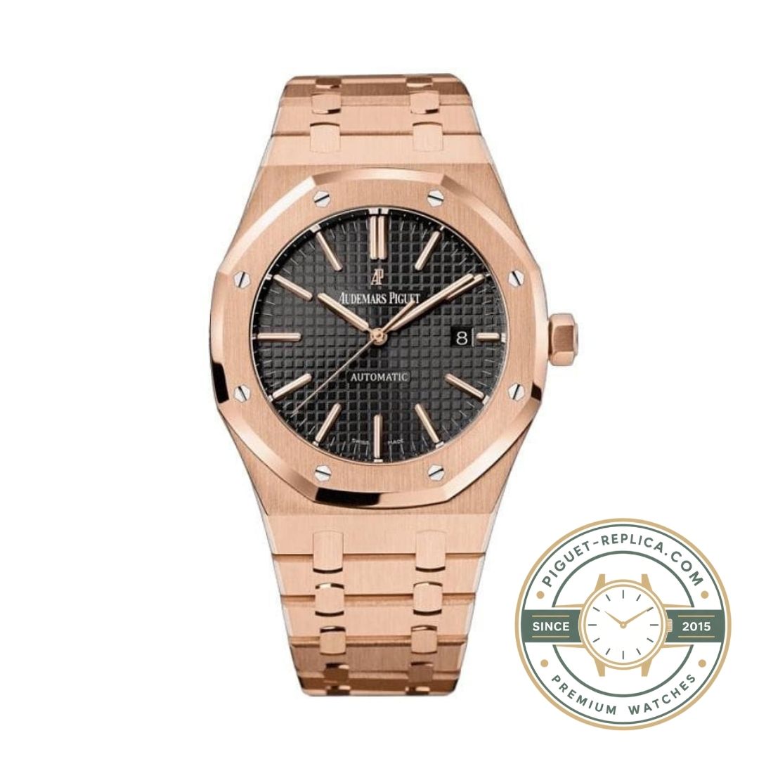 Audemars Piguet Royal Oak replica watch featuring black Tapisserie pattern dial and markers