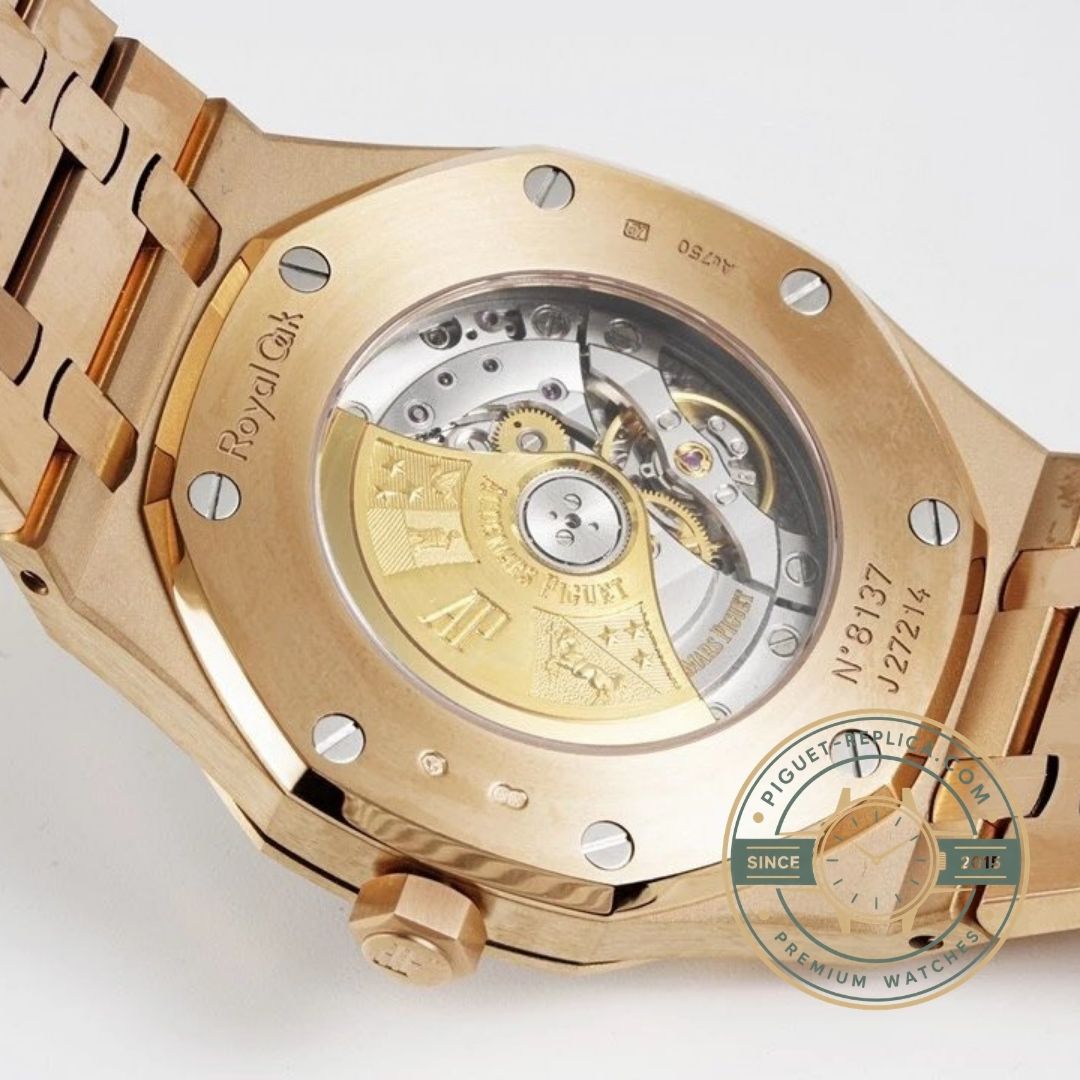Audemars Piguet Royal Oak 15400OR replica watch full view with black dial and rose gold design