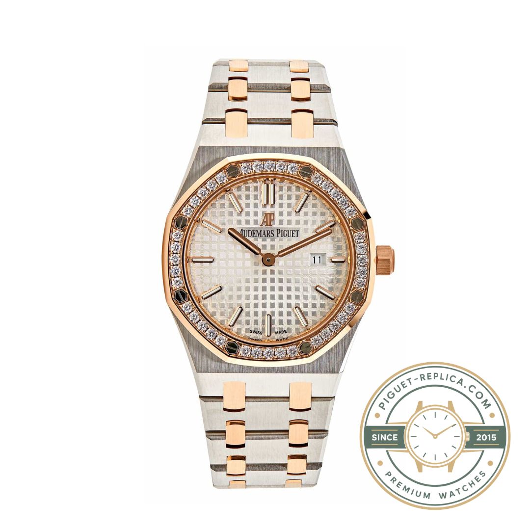 Replica AP watch Royal Oak 67651SR bracelet detail with rose gold and steel finishing