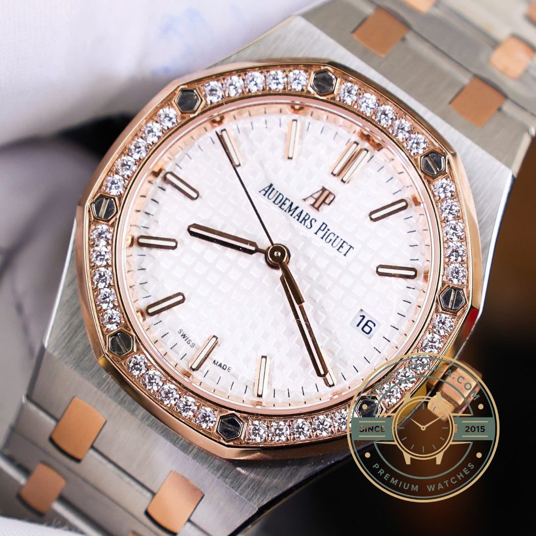 Replica Audemars Piguet Royal Oak 67651SR 33mm two tone diamond AP watch with iced out bezel