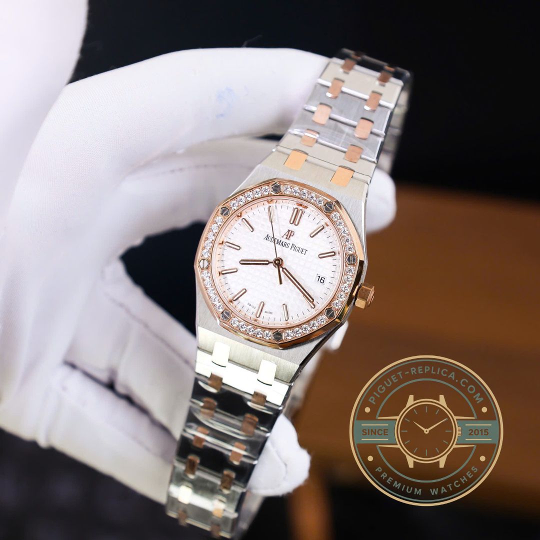 Iced out AP watch replica Royal Oak 67651SR with diamond bezel and two tone bracelet