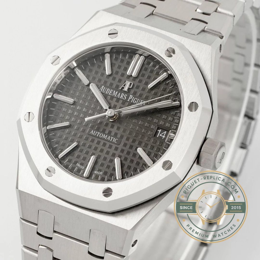 AP Royal Oak 15450ST grey ruthenium dial close-up with detailed biscuit texture