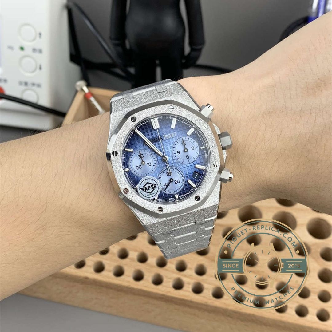 Replica Audemars Piguet Royal Oak 26240BC featuring a distinctive frosted white gold surface