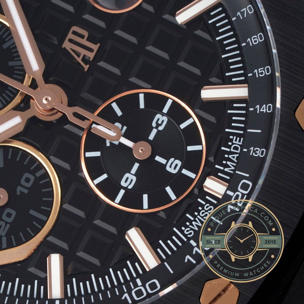 Audemars Piguet replica watch with a black ceramic case, Méga Tapisserie dial and rubber strap