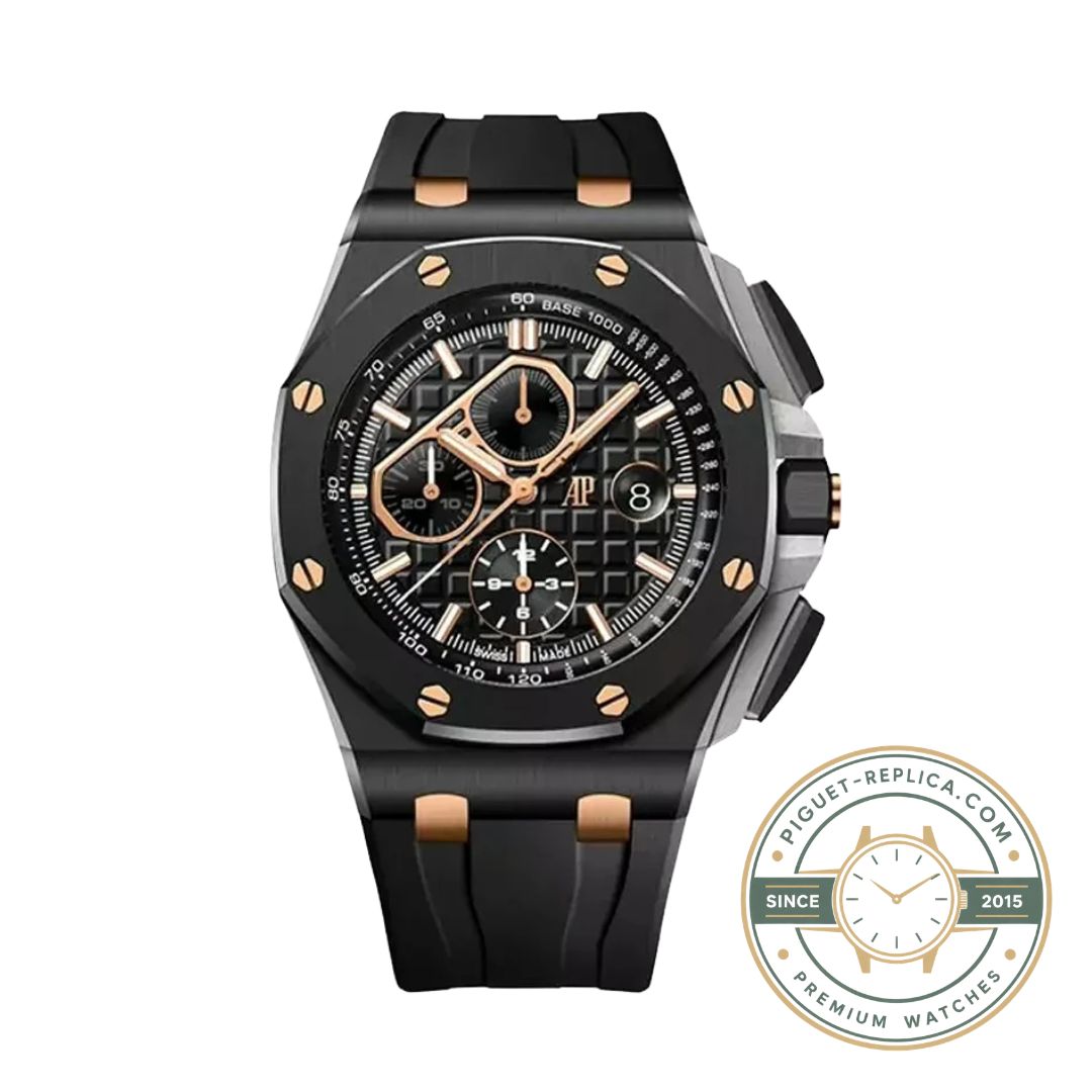 Replica AP Royal Oak Offshore with an all-ceramic black case, black dial and matching rubber strap