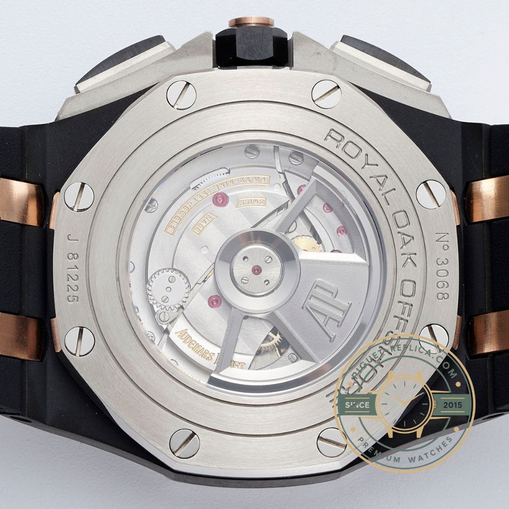 AP watch replica inspired by the Royal Oak Offshore with a black ceramic case and rubber strap