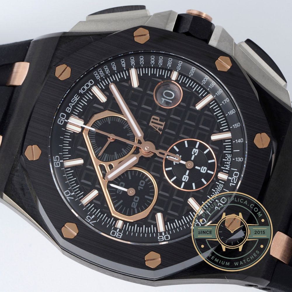 Royal Oak Offshore super clone 26405CE with a black ceramic bezel, dark dial and ceramic folding clasp