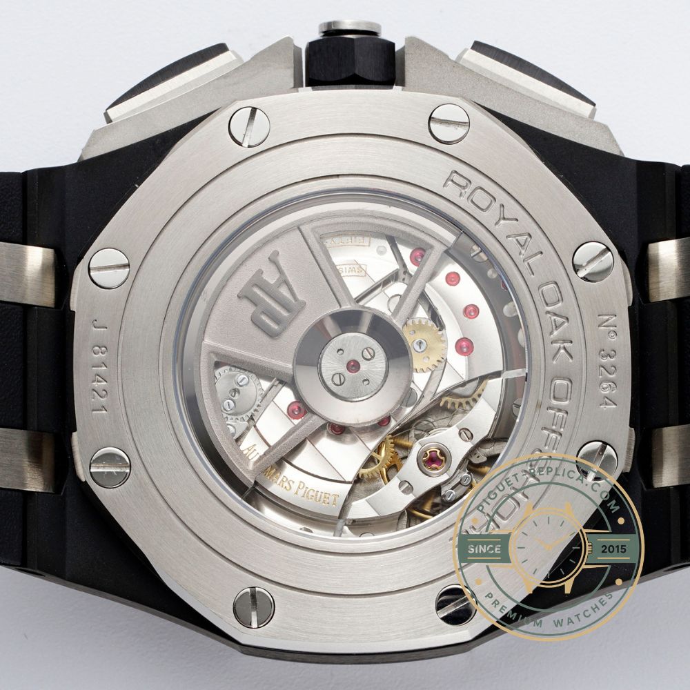 Replica Audemars Piguet Royal Oak Offshore 26405CE with a black Mega Tapisserie dial and ceramic case