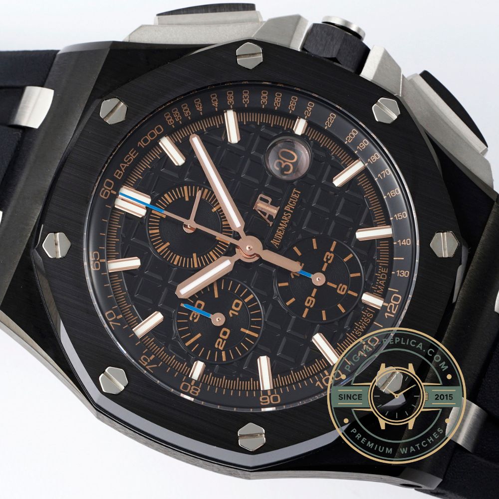 Audemars Piguet Offshore replica with a 44mm black ceramic case and black Mega Tapisserie dial