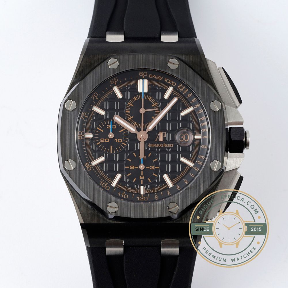 Audemars Piguet replica watch with an all-black ceramic case, black dial and rubber strap