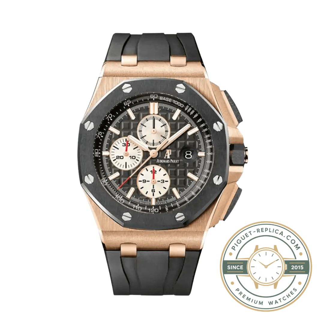 AP watch replica inspired by the Royal Oak Offshore with a grey dial, ceramic bezel and rubber strap