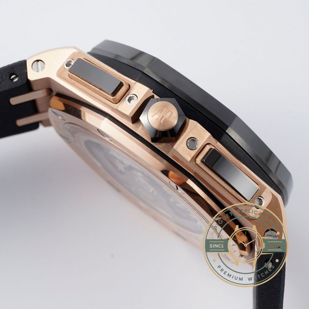 Royal Oak Offshore super clone 26401RO with a grey dial, black ceramic bezel and rose gold pushers