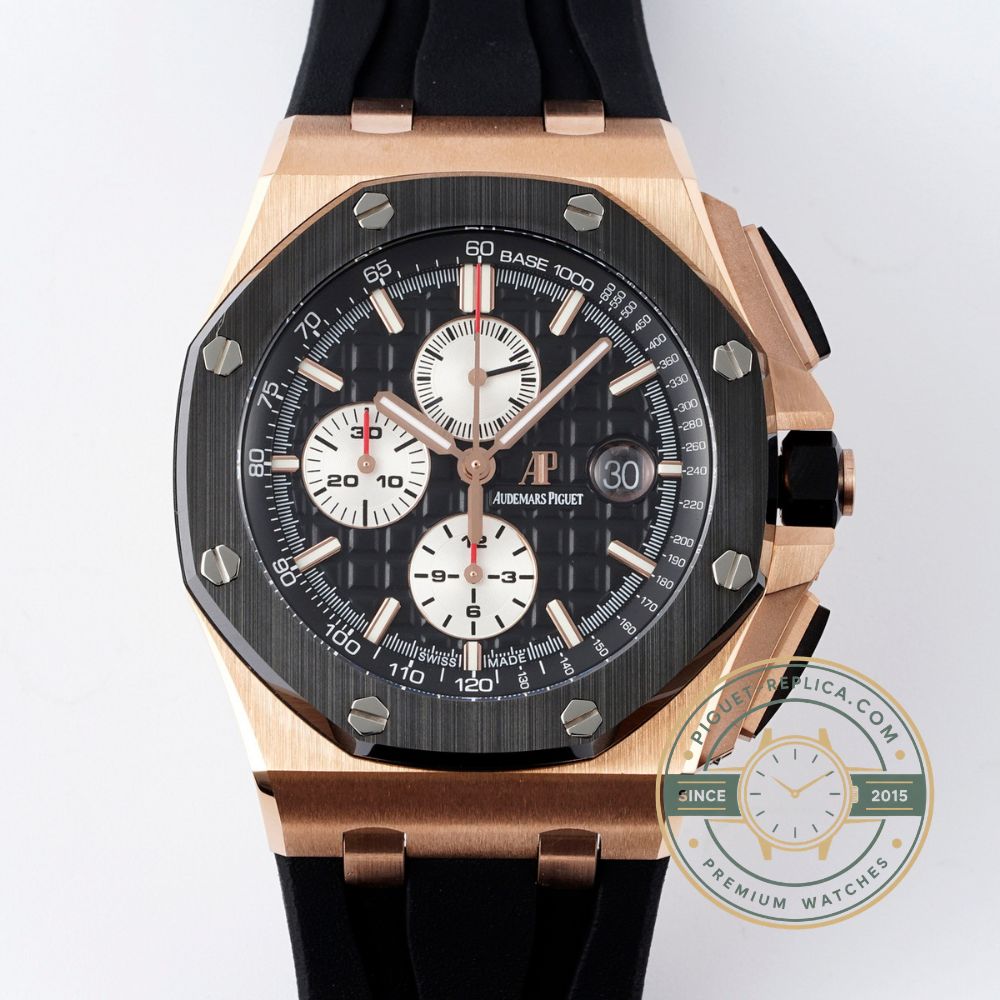 Replica AP Royal Oak Offshore chronograph with a grey dial, rose gold details and grey rubber strap