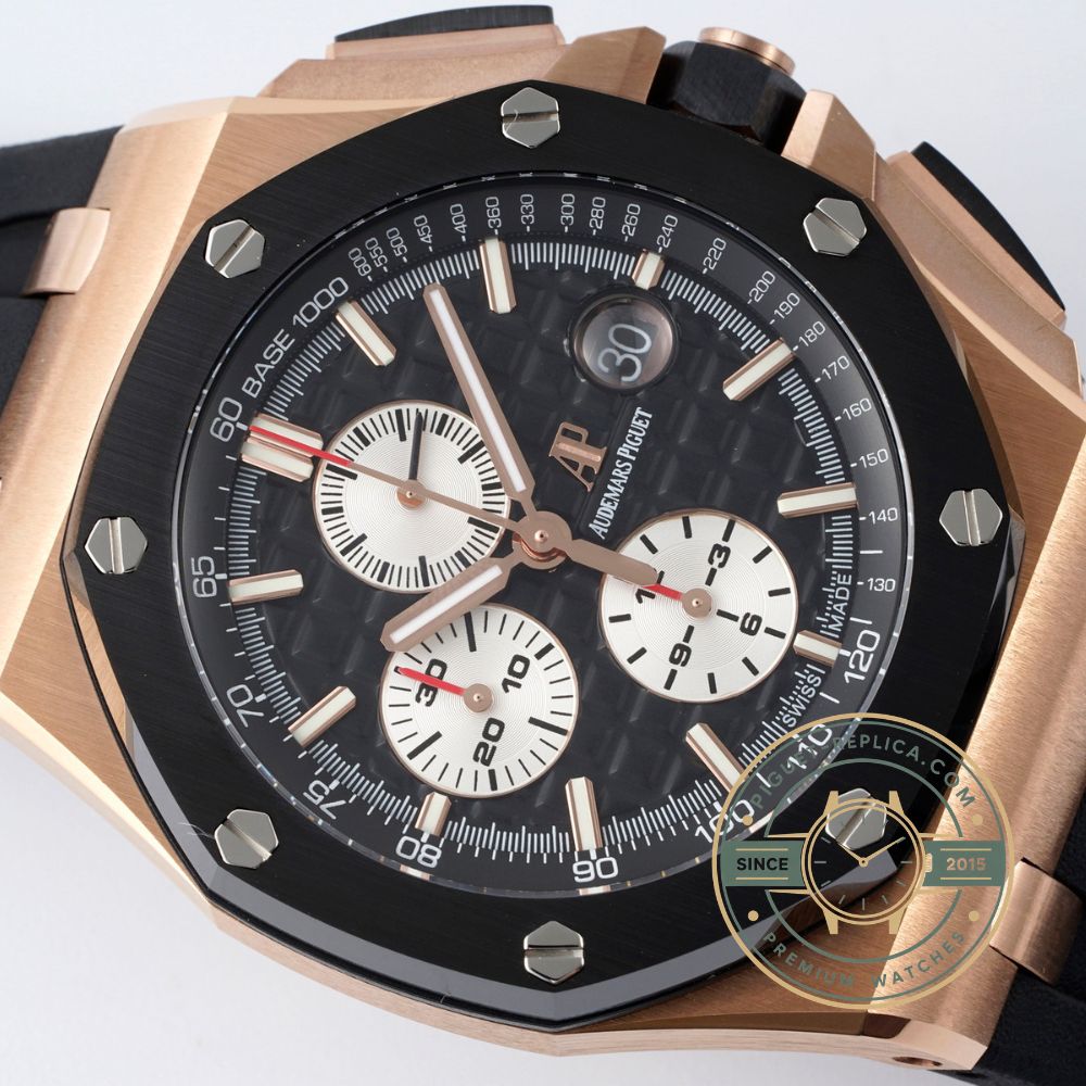 AP Royal Oak replica style watch with a grey dial, black ceramic bezel and rose gold-finished details