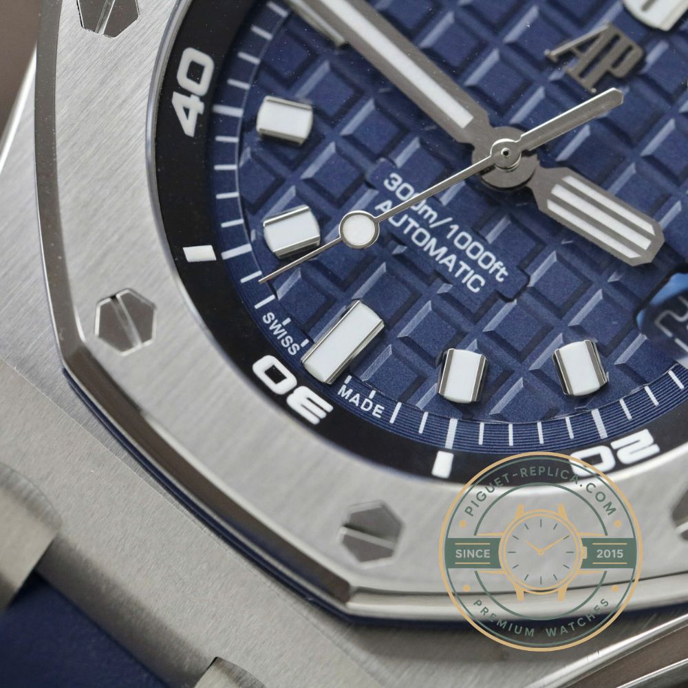 Audemars Piguet 15720ST Offshore replica watch details showing blue dial, steel case, and Royal Oak design