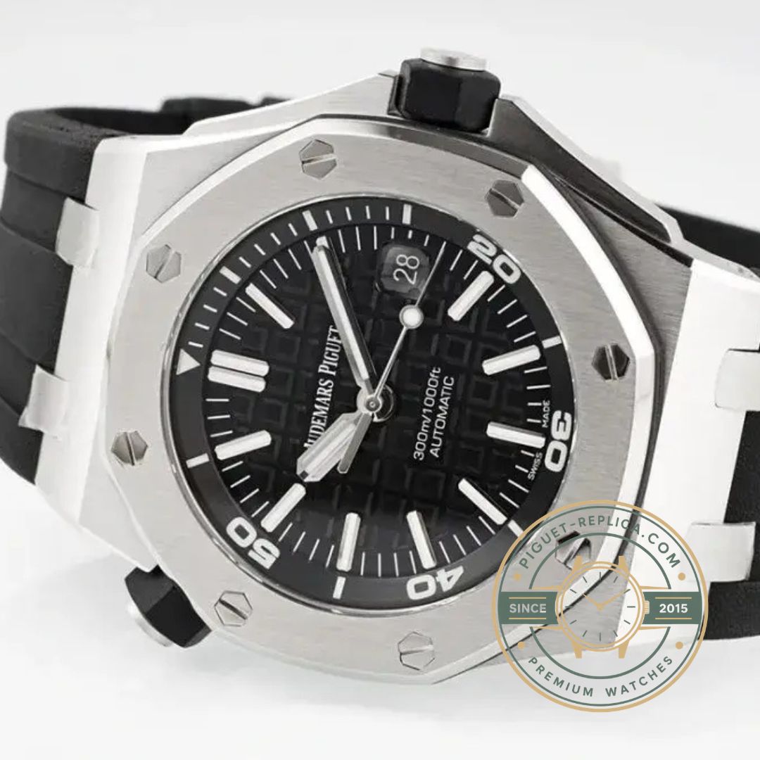 Royal Oak Offshore replica AP watch featuring black rubber strap and stainless steel case