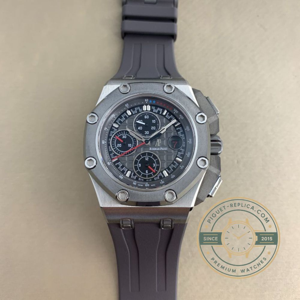 Audemars Piguet replica watch with a grey-black Tapisserie dial, titanium case and sapphire crystal