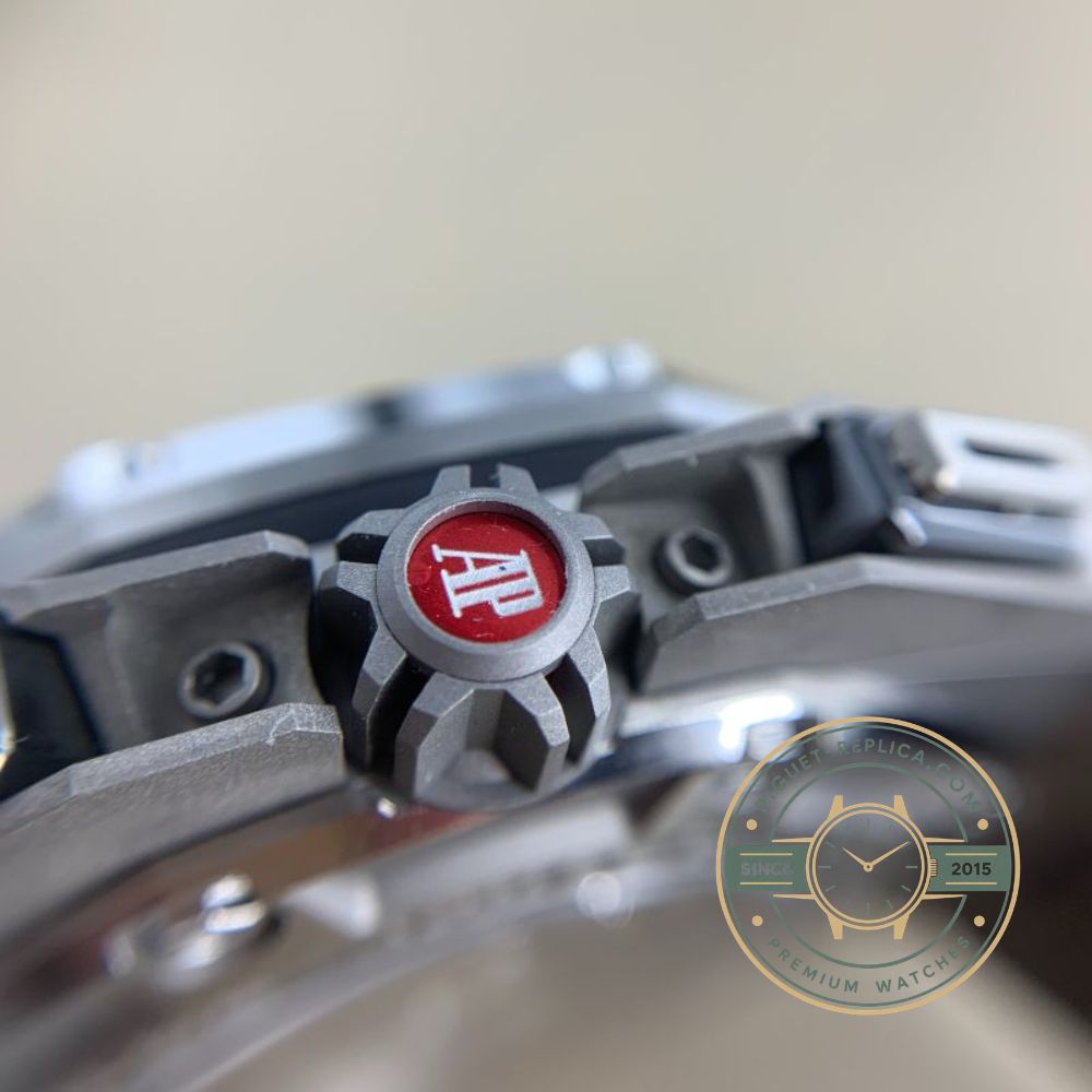 Replica Audemars Piguet Royal Oak Offshore 26568IM with a grey-black gradient dial and titanium case