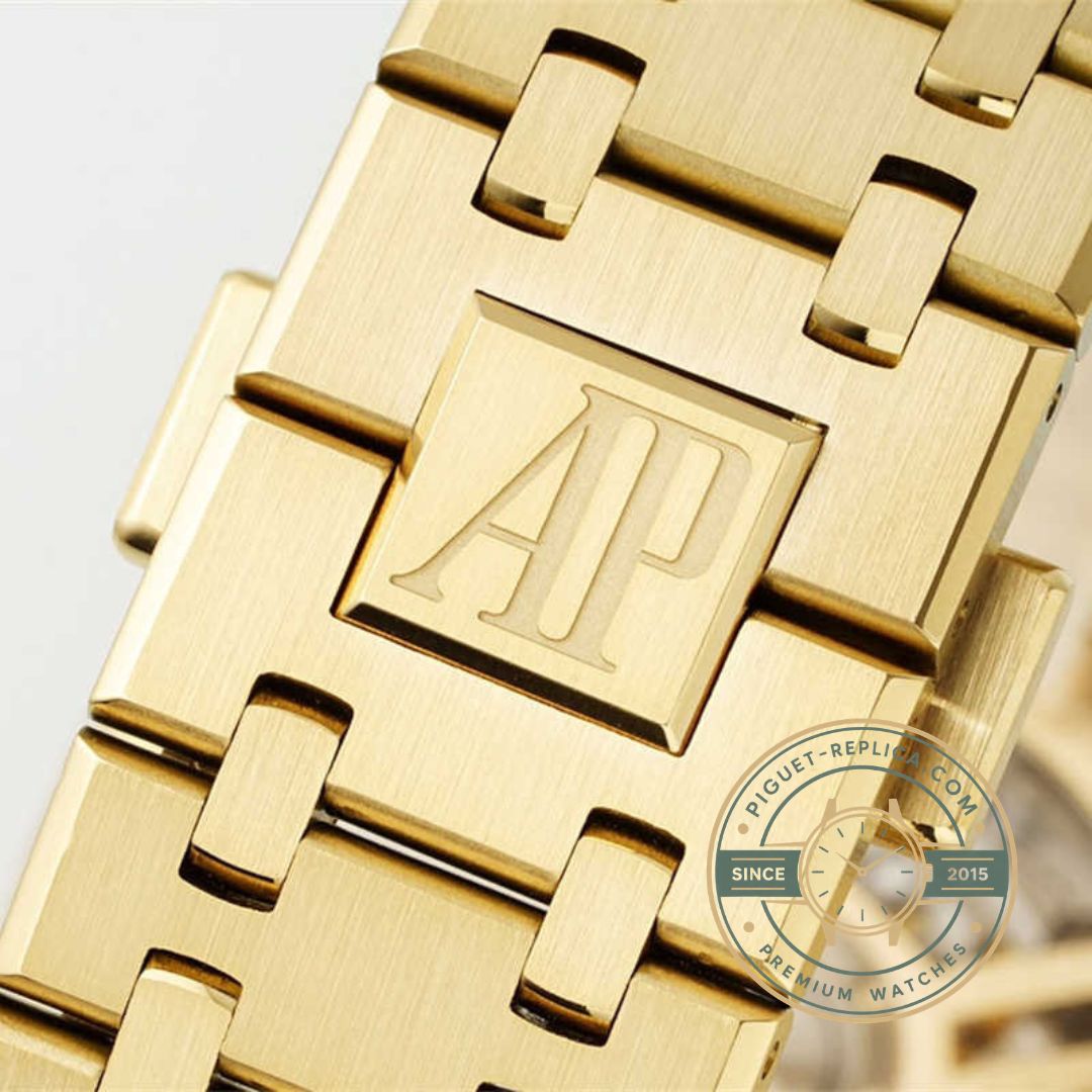 AP Royal Oak super clone 26240BA featuring a dark Grande Tapisserie dial and yellow gold case