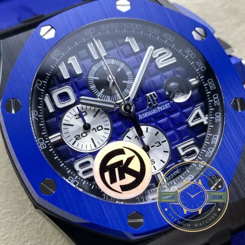 Replica Audemars Piguet Royal Oak Offshore blue dial side view showing premium case finishing