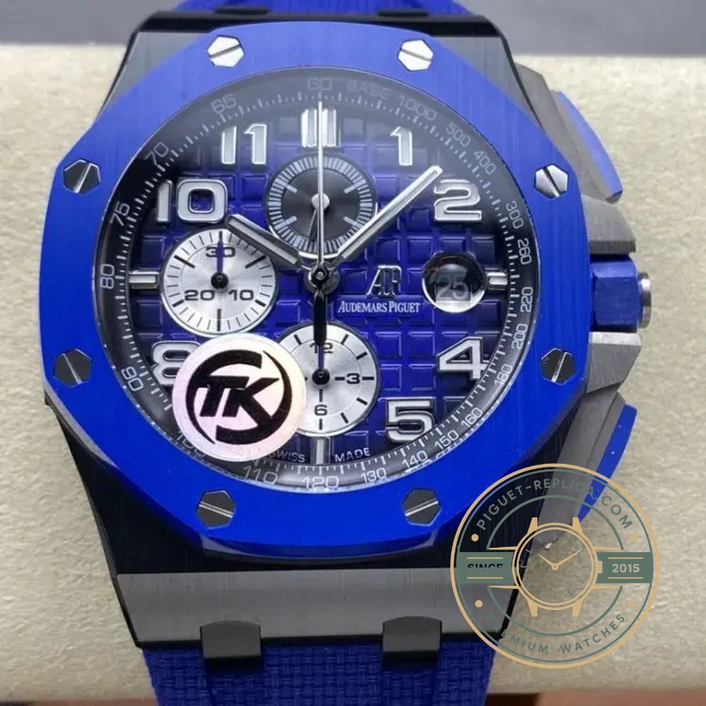 AP Royal Oak Offshore replica watch with blue Mega Tapisserie dial and chronograph details